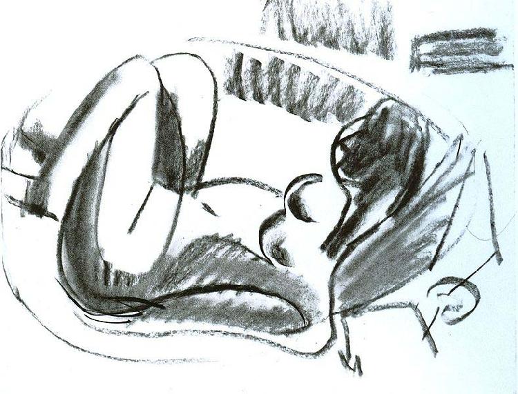 Ernst Ludwig Kirchner Reclining nude in a bathtub with pulled on legs - black chalk oil painting image